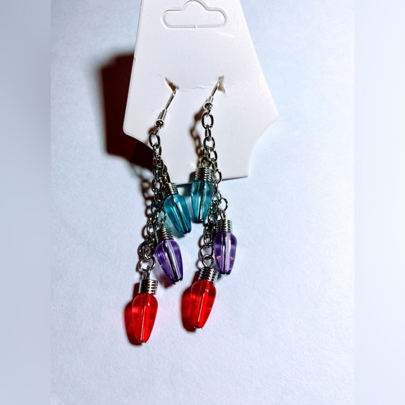Blue purple red Christmas light bulb earrings - Picture 1 of 3